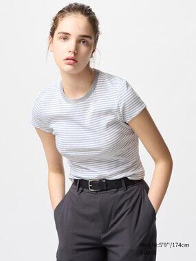 Uniqlo Women's Short Sleeve Striped Crewneck Tee in White and Gray